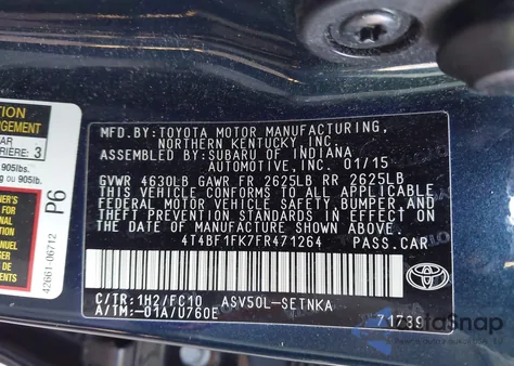 2015 Toyota Camry Le из США, поврежденный, VIN 4T4BF1FK7FR471264